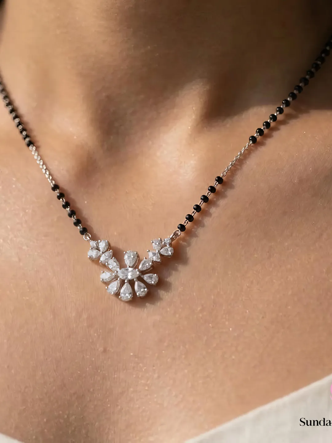 Floral Moissanite Mangalsutra in 925 Sterling Silver, Handcrafted Lab Grown Diamond Tanmaniya Necklace, Traditional Indian Wedding Jewelry