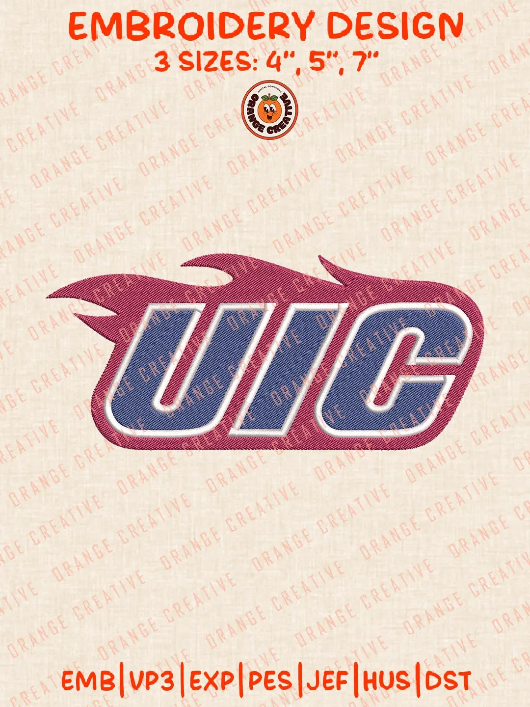 NCAA UIC Logos Embroidery Design Files, NCAA UIC Flames Logos Embroidery Designs, Machine Embroidery Files, 4 Sizes, Custom Sizes