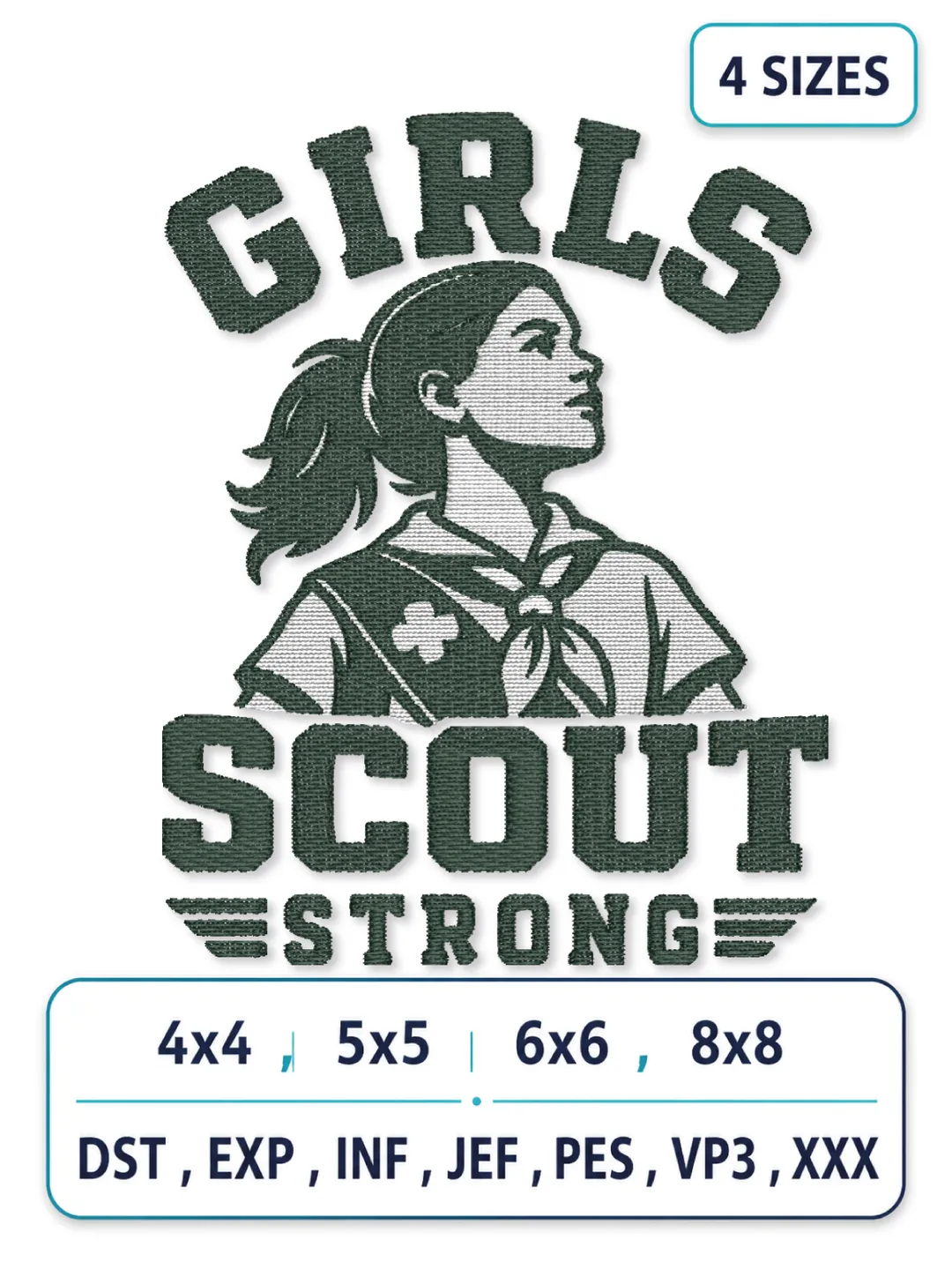 Girls Scout Strong Embroidery Design, Scout Girl Machine Embroidery File, 4 Sizes, DST EXP INF JEF PES VP3 XXX