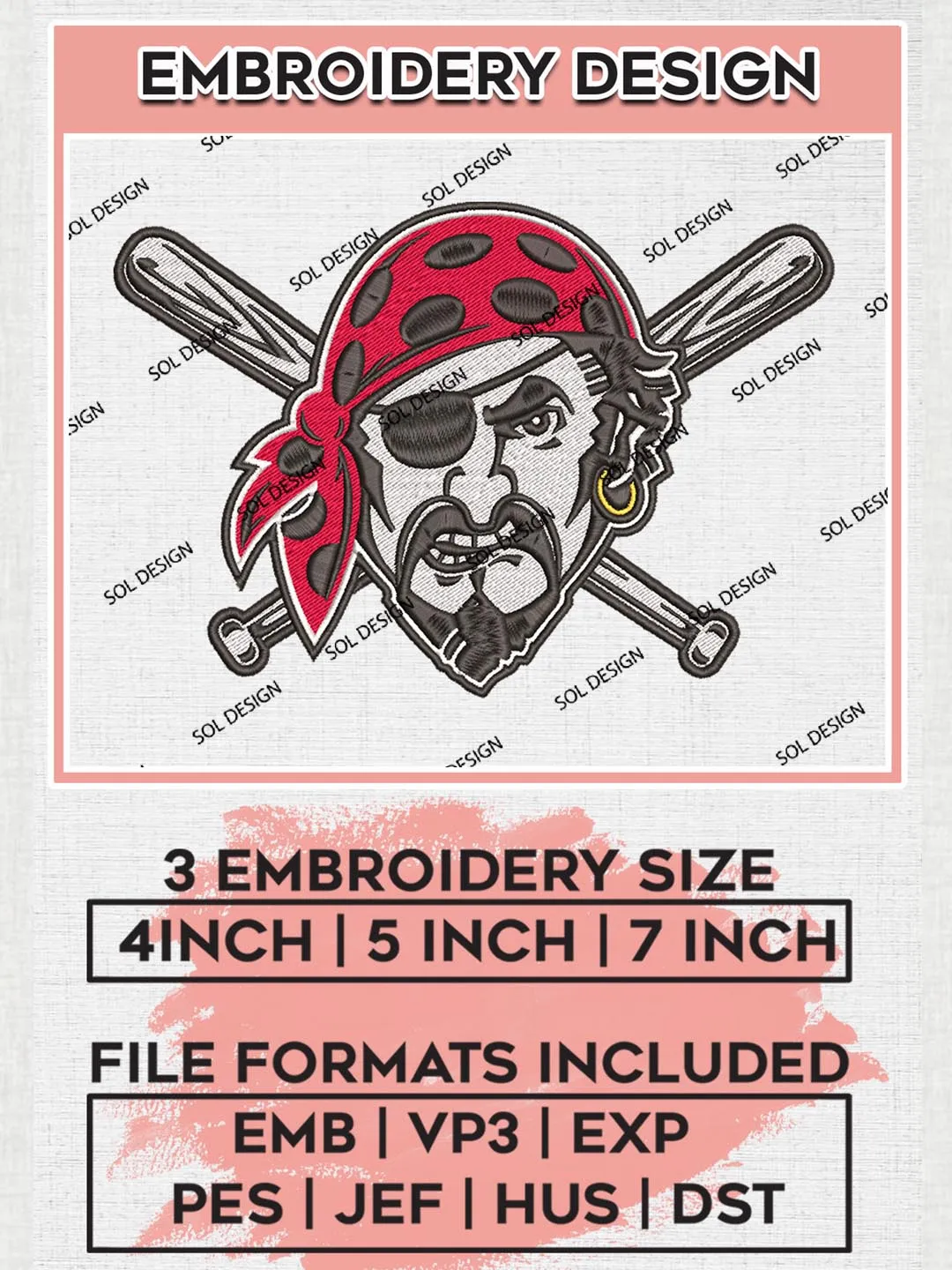 Pittsburgh Pirates MLB Logo Embroidery Design Files, MLB Pittsburgh Pirates Team Embroidery, MLB Teams, 3 sizes, MLB Machine embroidery designs, Digital Download