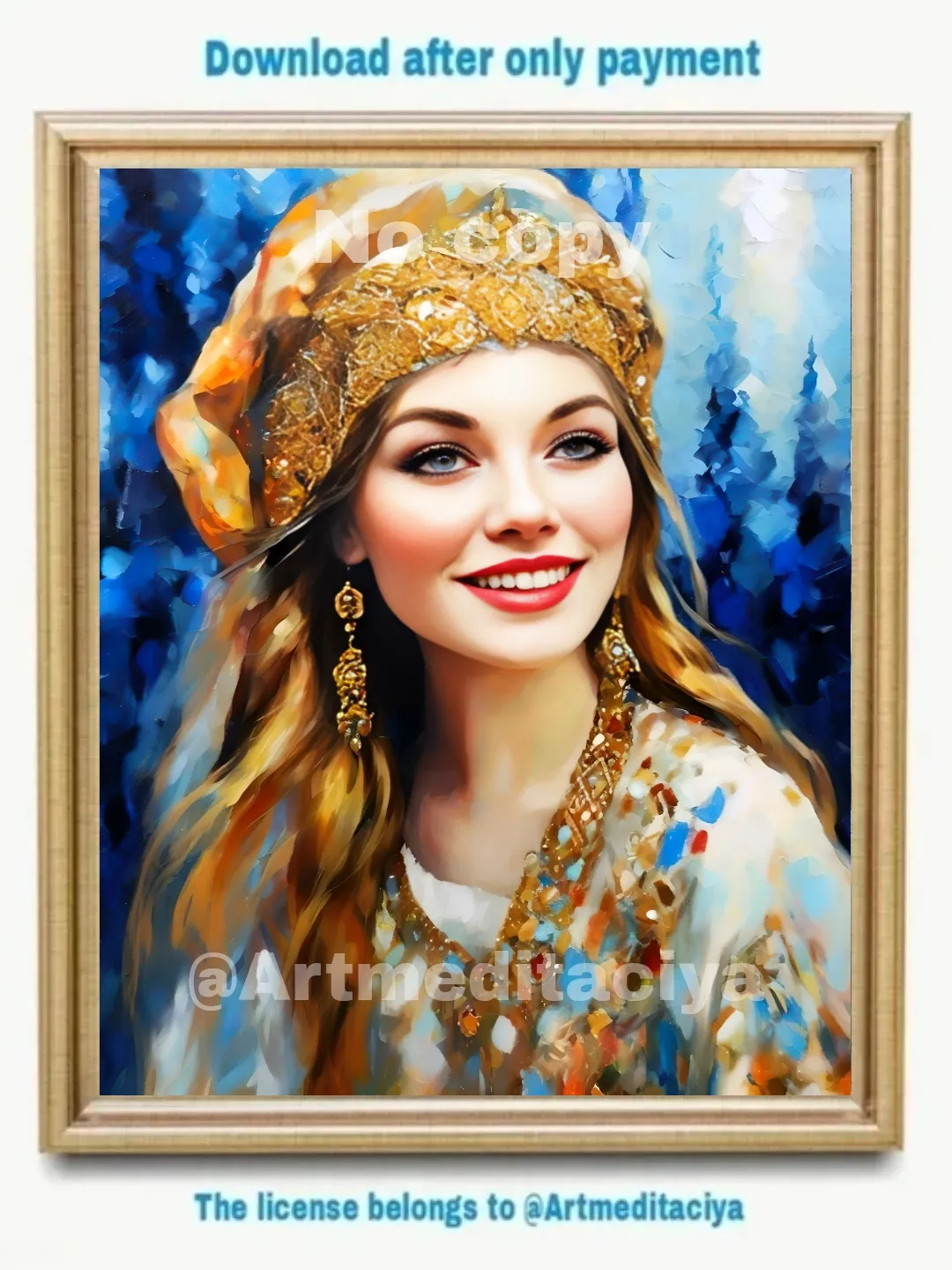 Digital abstract modern painting "Playful Slavyanka",   
a blue-eyed blonde girl in a luxurious golden headdress in a white dress on an abstract blue forest background, made in the style of oil painting in ethnocolor