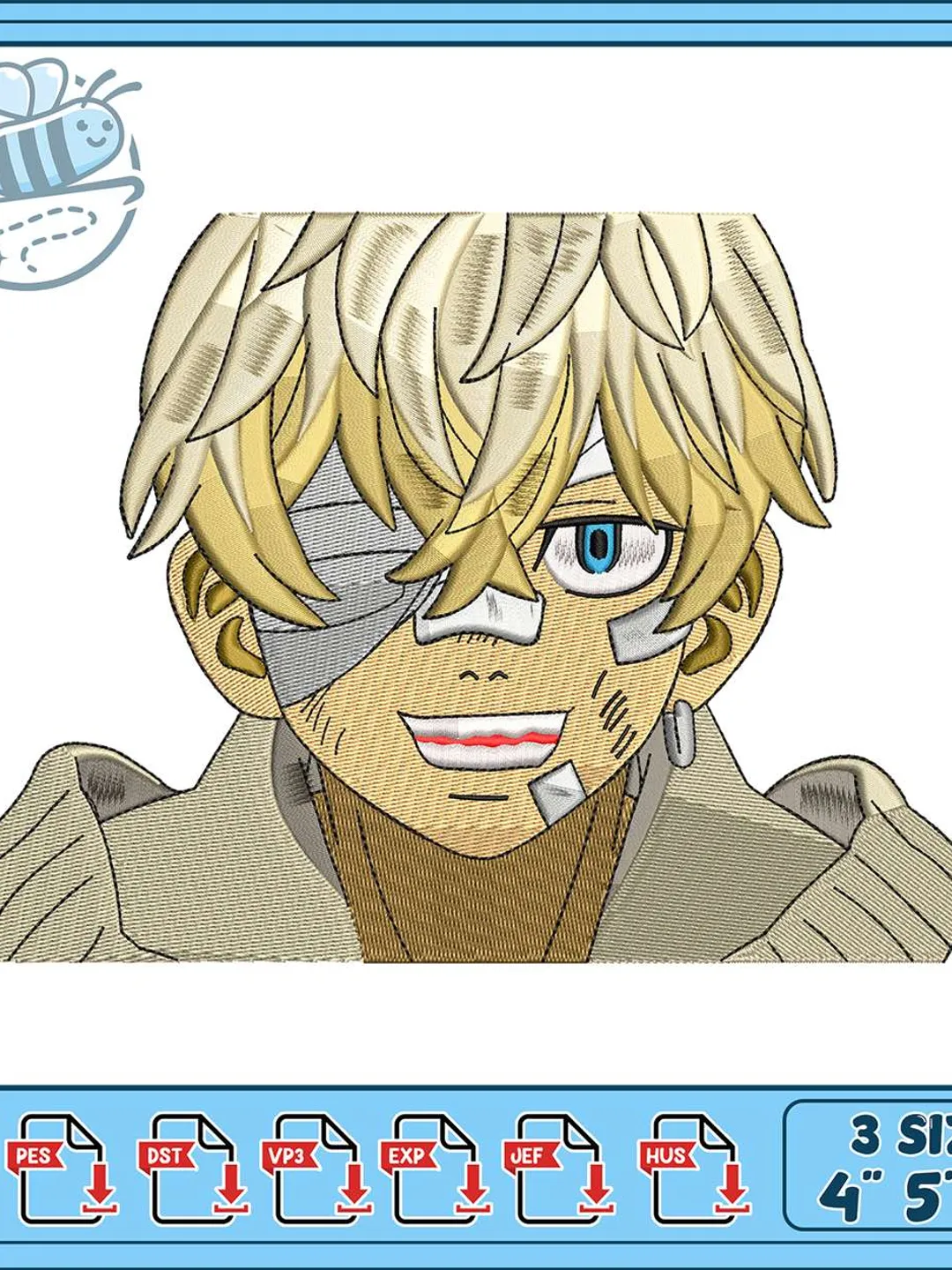 Chifuyu Tokyo Revengers Embroidery Design, Anime Boy Machine Embroidery File, Bandage Face Blonde Hair Patch, Instant Download PES DST