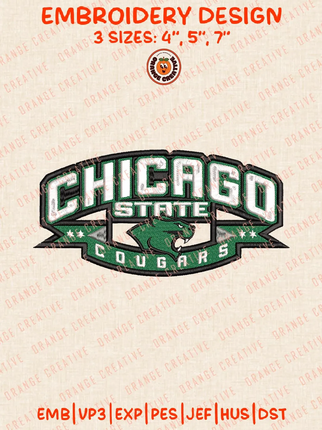 Chicago State Cougars Logos Embroidery Design Files, NCAA Logos Embroidery Designs, Machine Embroidery Files, 4 Sizes, Custom Sizes, Instant Download