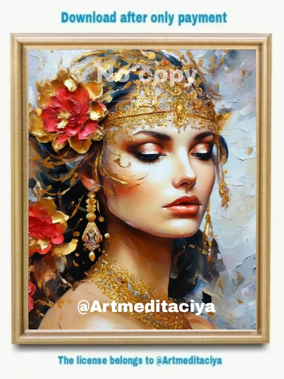 Digital abstract textural modern painting "Slavic brunette in ethnic jewelry made of gold" on an abstract white background, hair decorated with abstract peonies in the style of pasty oil painting with a palette knife