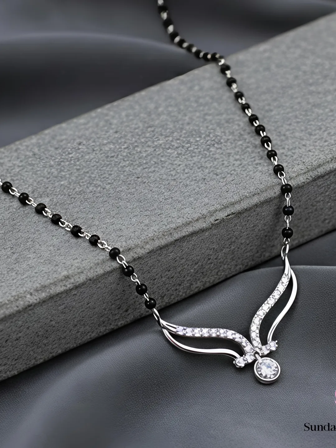 Moissanite Wing Mangalsutra Necklace | Sterling Silver Black Bead Jewelry