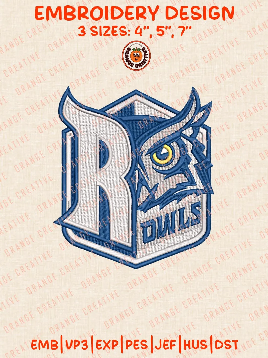 Rice Owls Logo Embroidery Design Files, NCAA Logos Embroidery Designs, NCAA Rice Owls Machine Embroidery Files, 3 Sizes, Custom Sizes, Instant Download