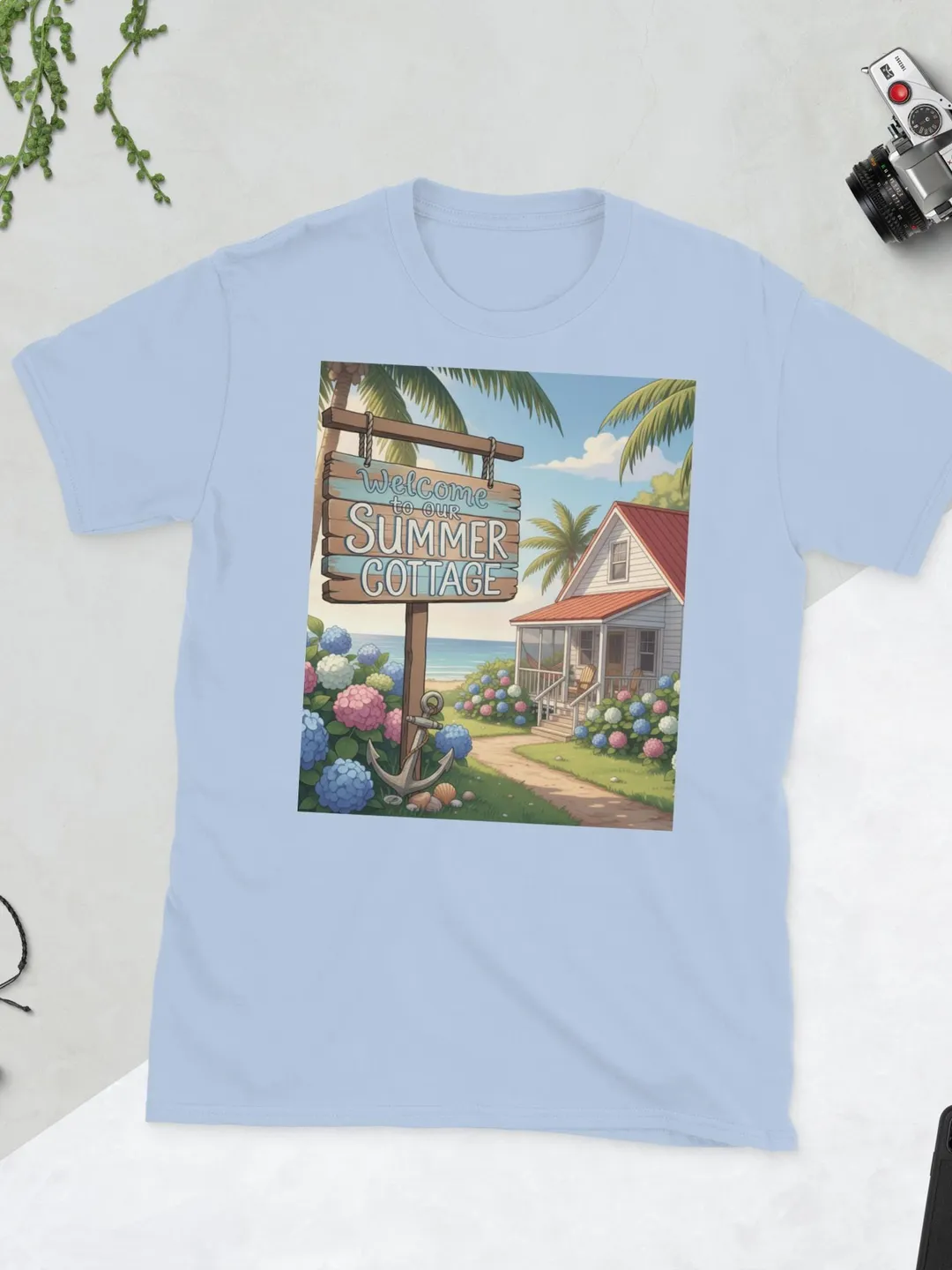 Coastal Summer Cottage T-Shirt, Hydrangea Garden Beach House Tee, Nautical Anchor Tropical Graphic Shirt, Vintage Aesthetic Vacation Gift