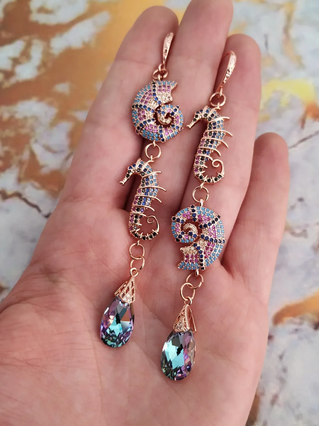 Sea Horse Shells Beach Earrings Swarovski Crystal Wedding Earrings Rose Gold Bridal Earrings Boho Wedding Earrings Bohemian Bridal Jewelry