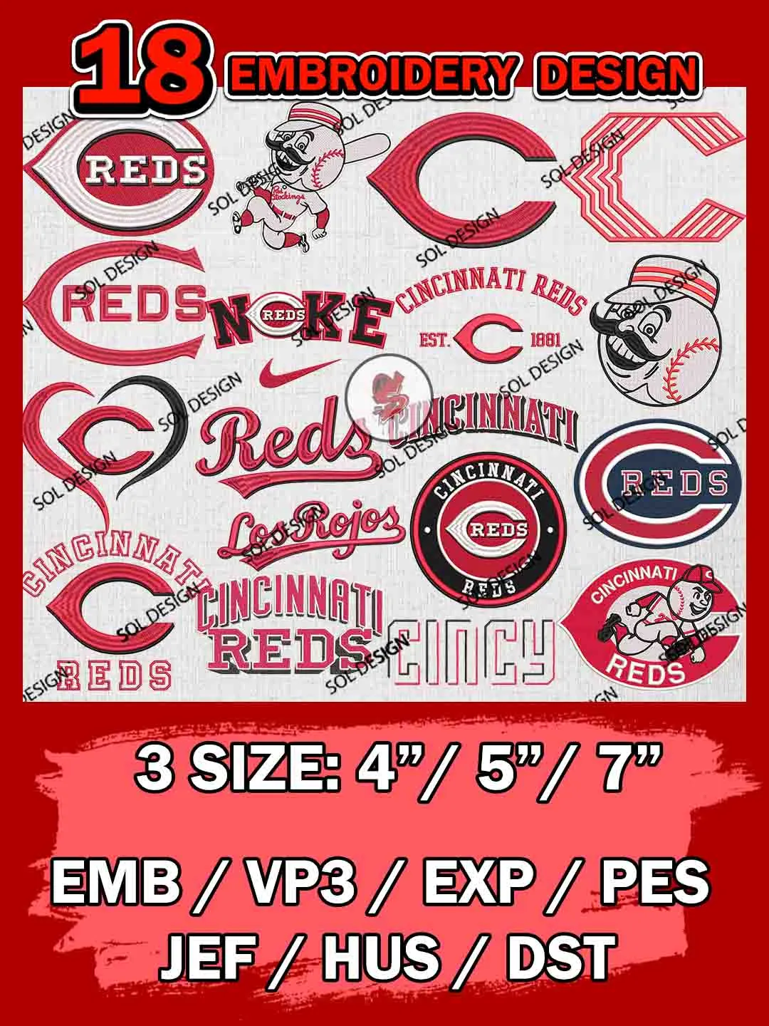 18 Cincinnati Reds Bundle Embroidery Files, MLB Cincinnati Reds Team Bundle Embroidery Designs, MLB Teams, League Baseball Team, 3 sizes, MLB Reds Machine Embroidery, Digital Download