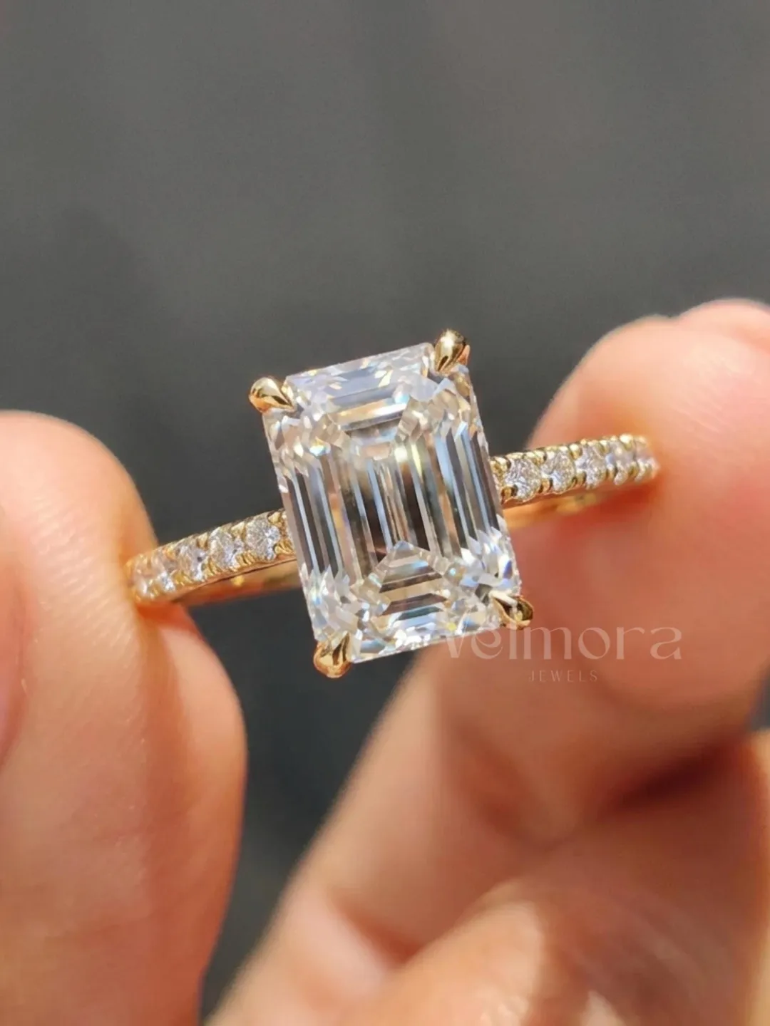 Emerald Cut Engagement Ring, Hidden Halo Moissanite Ring, Minimal Bridal Gift