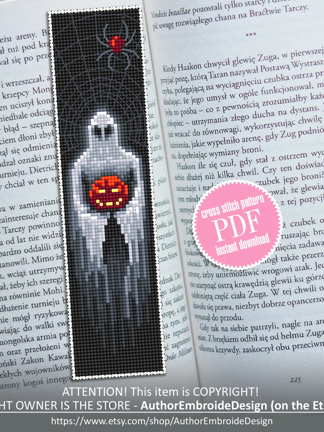 Spooky Halloween bookmark cross stitch pattern download PDF, Handmade bookmark pattern PDF, Ghost cross stitch chart, Gothic halloween #B82