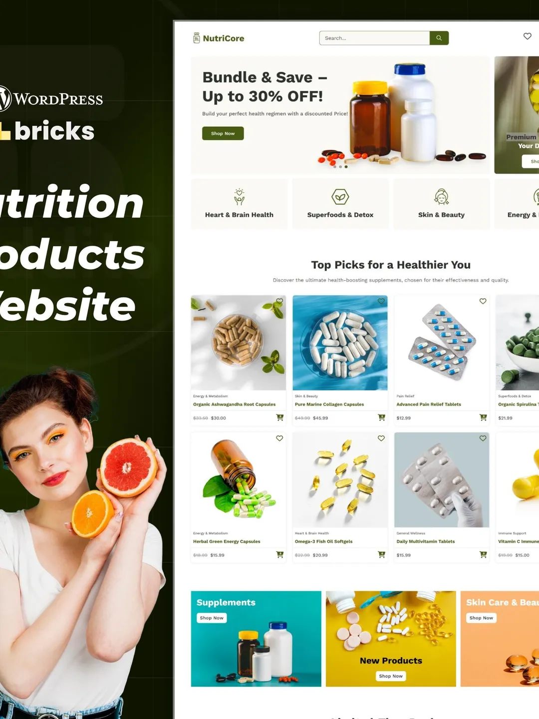 Supplement Store WordPress Bricks Builder Landing Page | Vitamins, Nutrition & Ecommerce Website Template