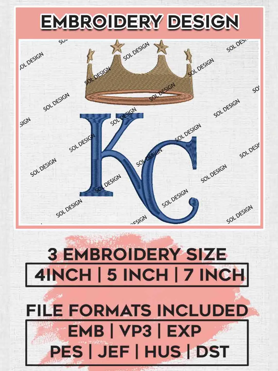 KC Royals Logo Embroidery Files, MLB Kansas City Royals Team Embroidery, MLB Teams, 3 sizes, MLB Royals Machine embroidery designs, Digital Download