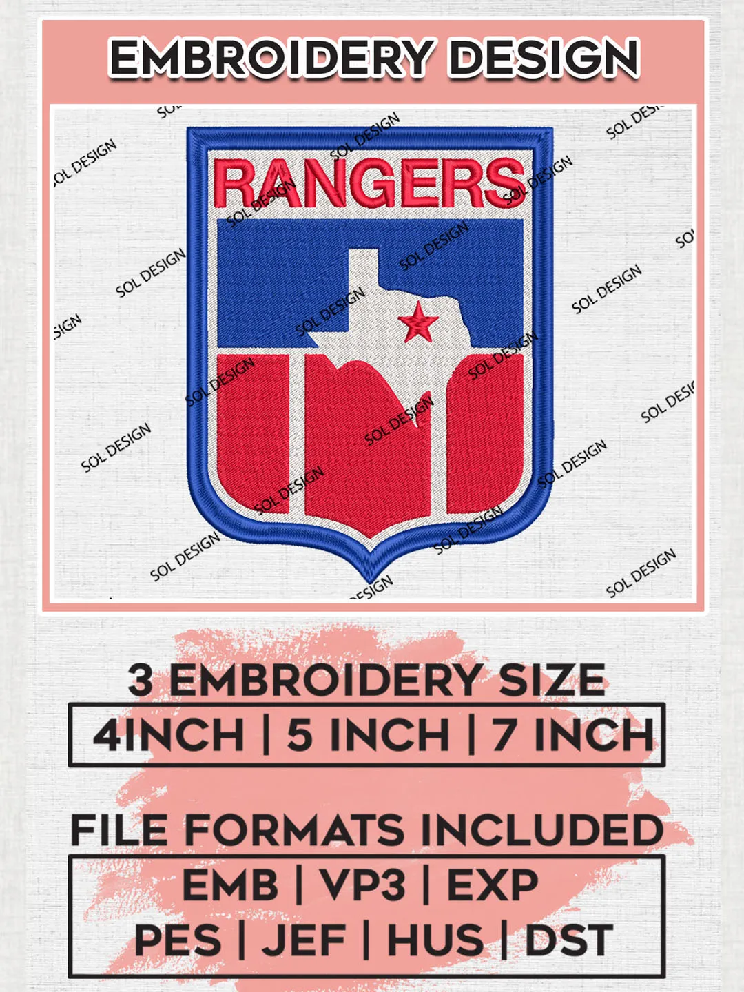 MLB Rangers Logo Embroidery Files, MLB Texas Rangers Team Embroidery, MLB Teams, 3 sizes, MLB Machine embroidery designs, Digital Download