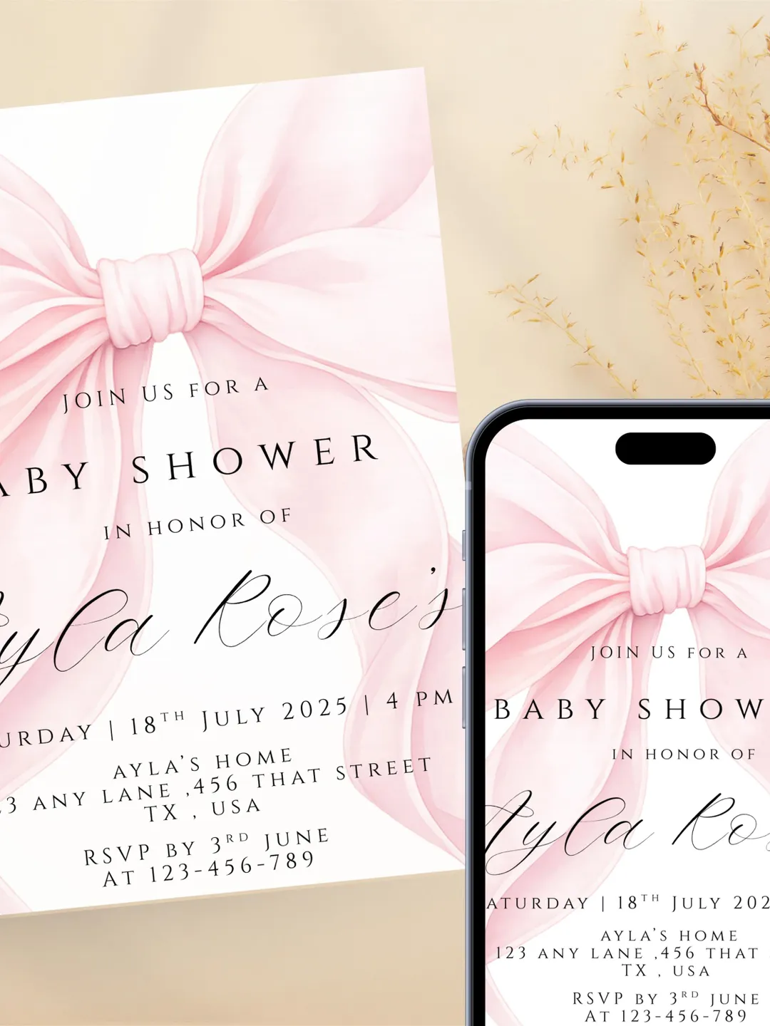 Pink Bow Baby Shower Invitation Editable Baby Girl Invite Canva ...