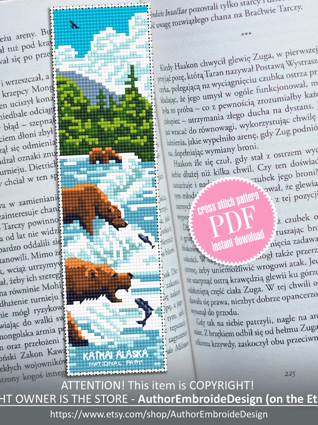 Katmai national park bookmark cross stitch pattern PDF download Nature cross stitch chart, Digital bookmark pattern, Bear cross stitch #B186