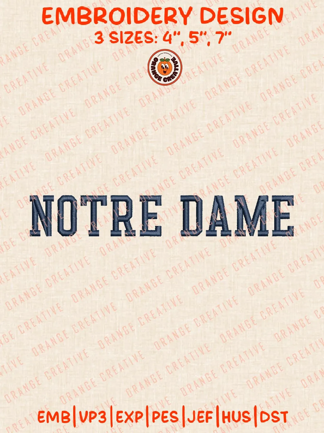 NCAA Notre Dame Text Embroidery Design, NCAA Notre Dame Fighting Irish Team Logo Embroidery Design, Machine Embroidery Design File, 4 Sizes, Custom Size, Digital Download
