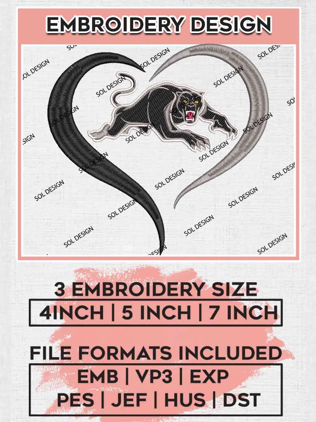 NRL Penrith Panthers Heart Embroidery Design, National Rugby League Embroidery Design, Penrith Panthers Logo Embroidery Design, NRL Machine Embroidery Digitized Pes File, 3 Sizes, Instant Download