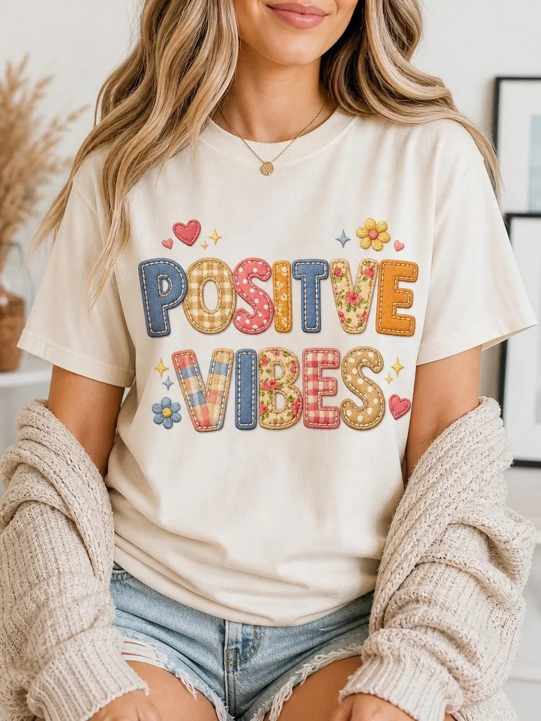Positive Vibes Graphic Tee | Retro Patchwork Typography Shirt
