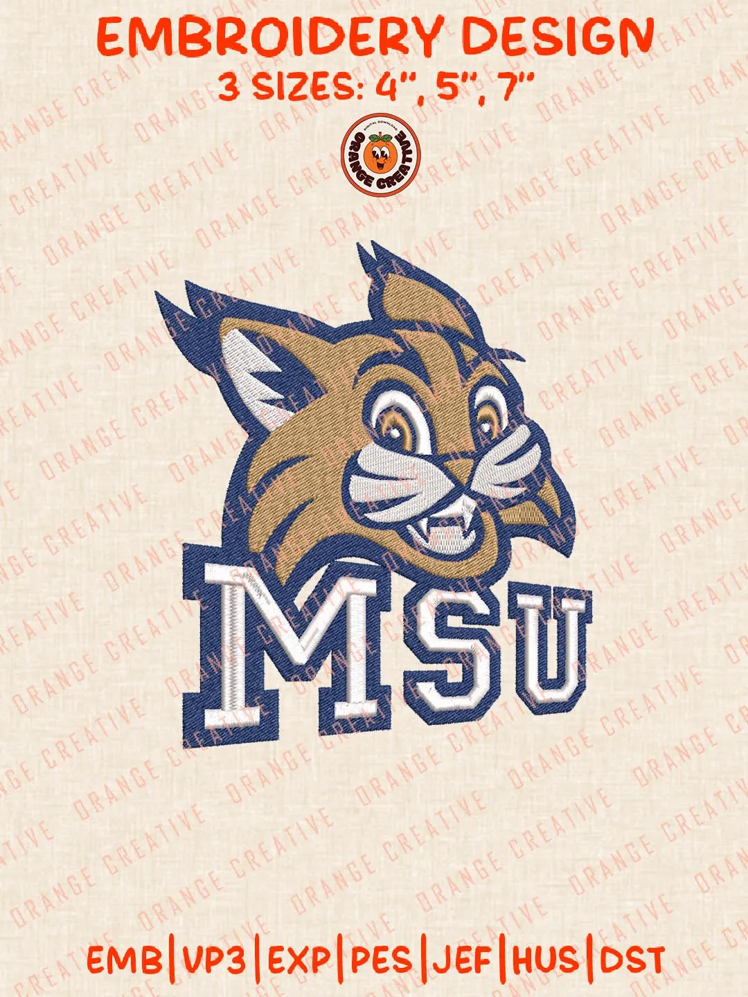NCAA MSU Bobcats Embroidery Design, NCAA Team Logo Embroidery Design, Machine Embroidery Design File, 4 Sizes, Custom Size, Digital Download