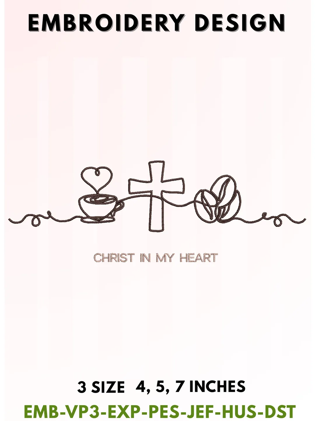 Christ In My Heart Embroidery Design, Christian Cross Line Art Machine Embroidery File