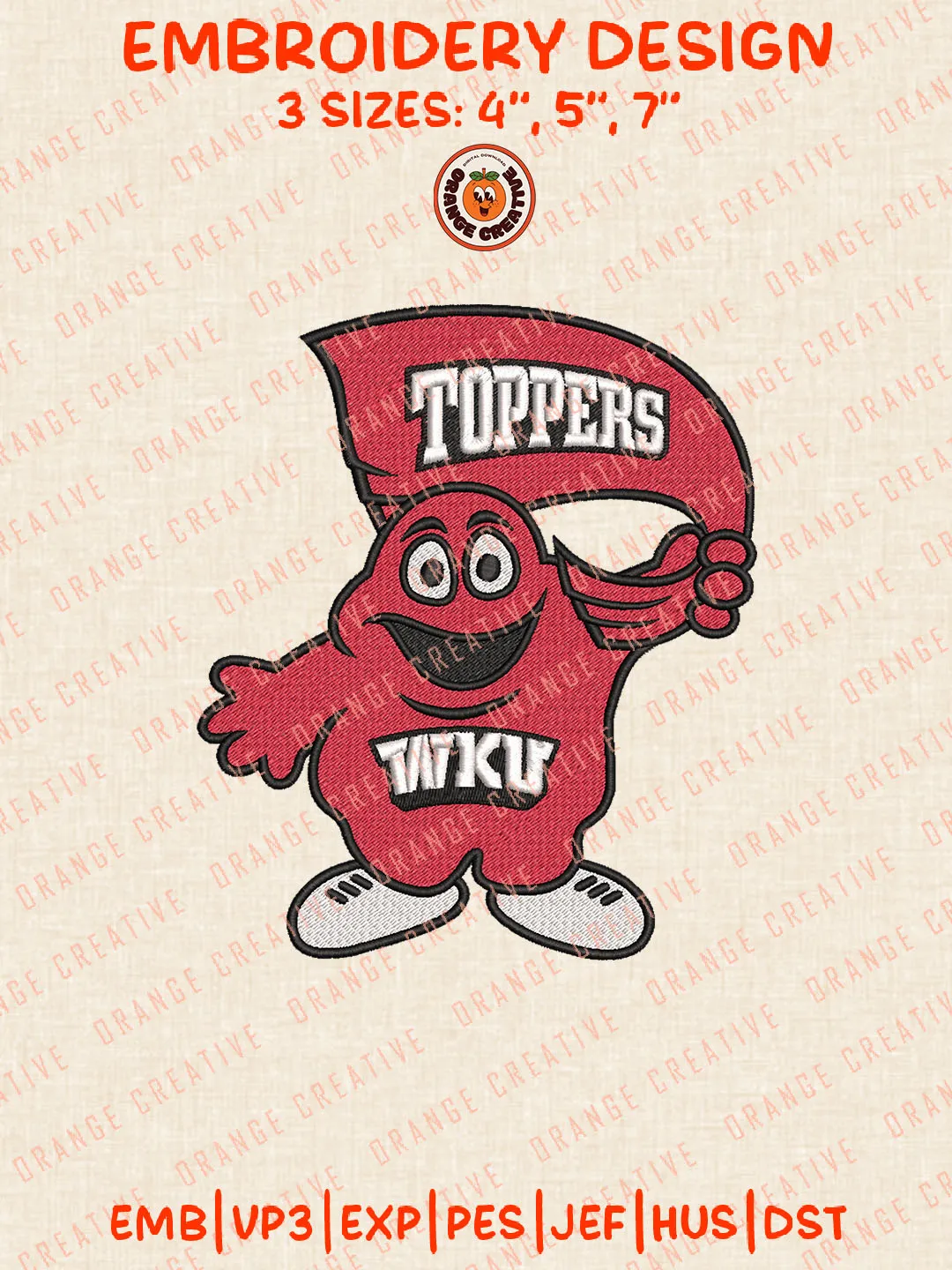 NCAA WKU Toppers Mascot Logo Embroidery Files, NCAA Western Kentucky Hilltoppers Team Embroidery Designs, College Football Team Machine Embroidery Files, NCAA Western Kentucky Machine Embroidery, Digital Download