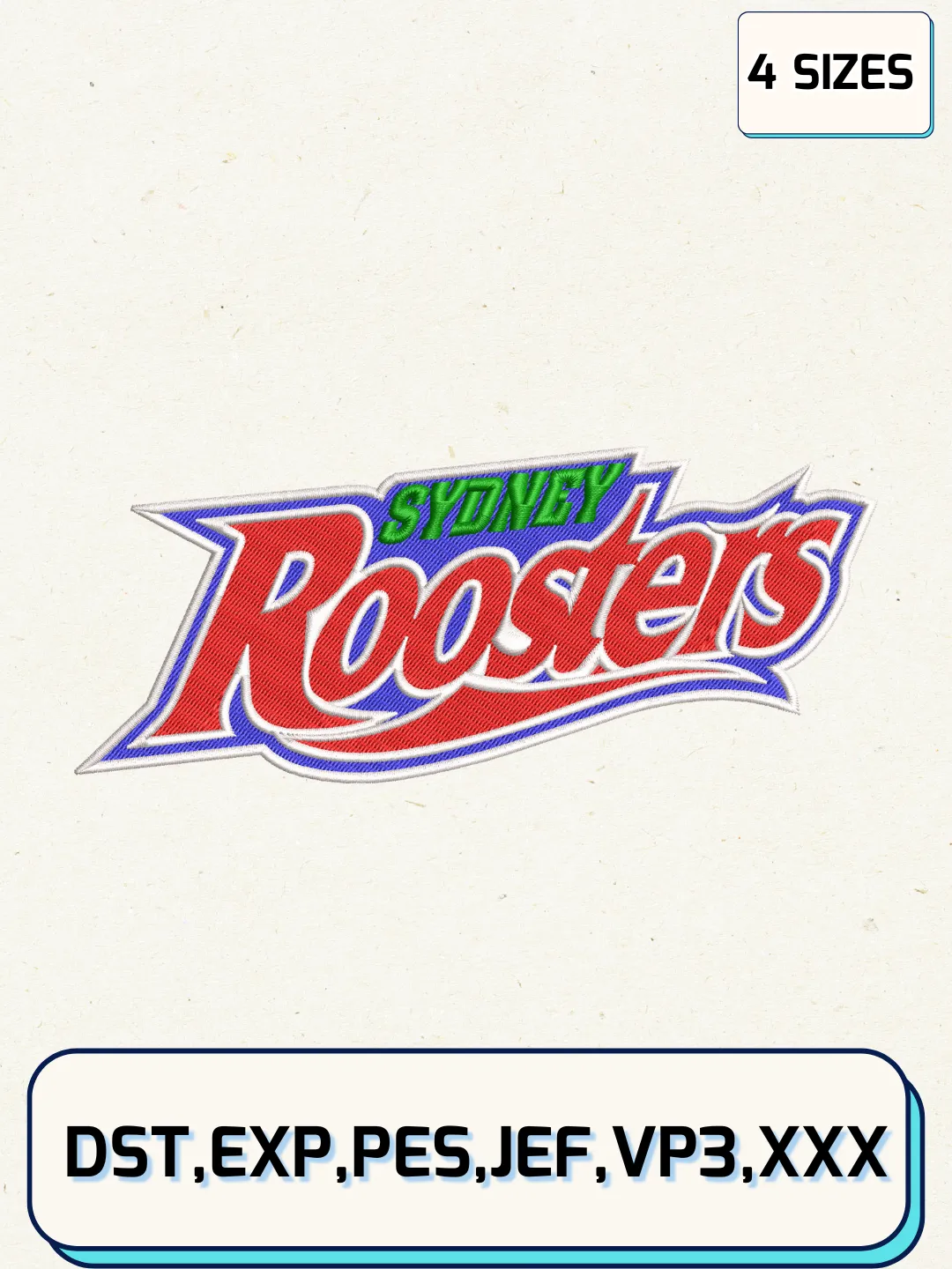 Sydney Roosters Logos Embroidery Design Files, NRL Logos Embroidery Designs, Machine Embroidery Files, 4 Sizes