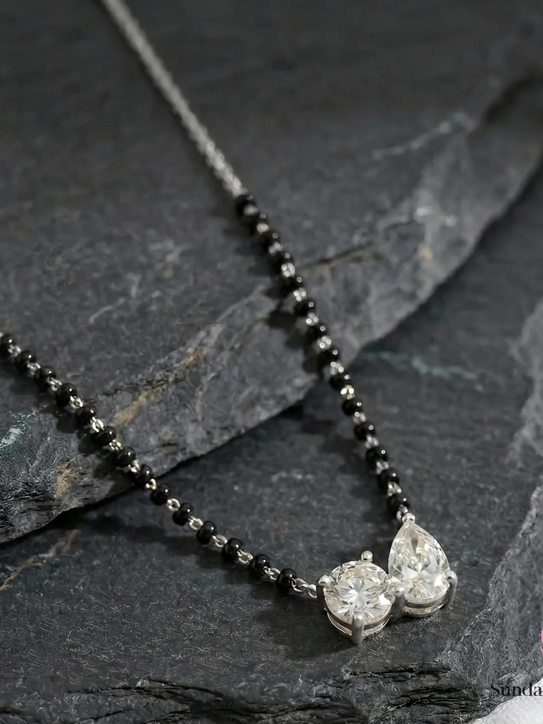 Minimalist Two-Stone Mangalsutra | Simple Black Bead Chain 925 Sterling Silver Bridal