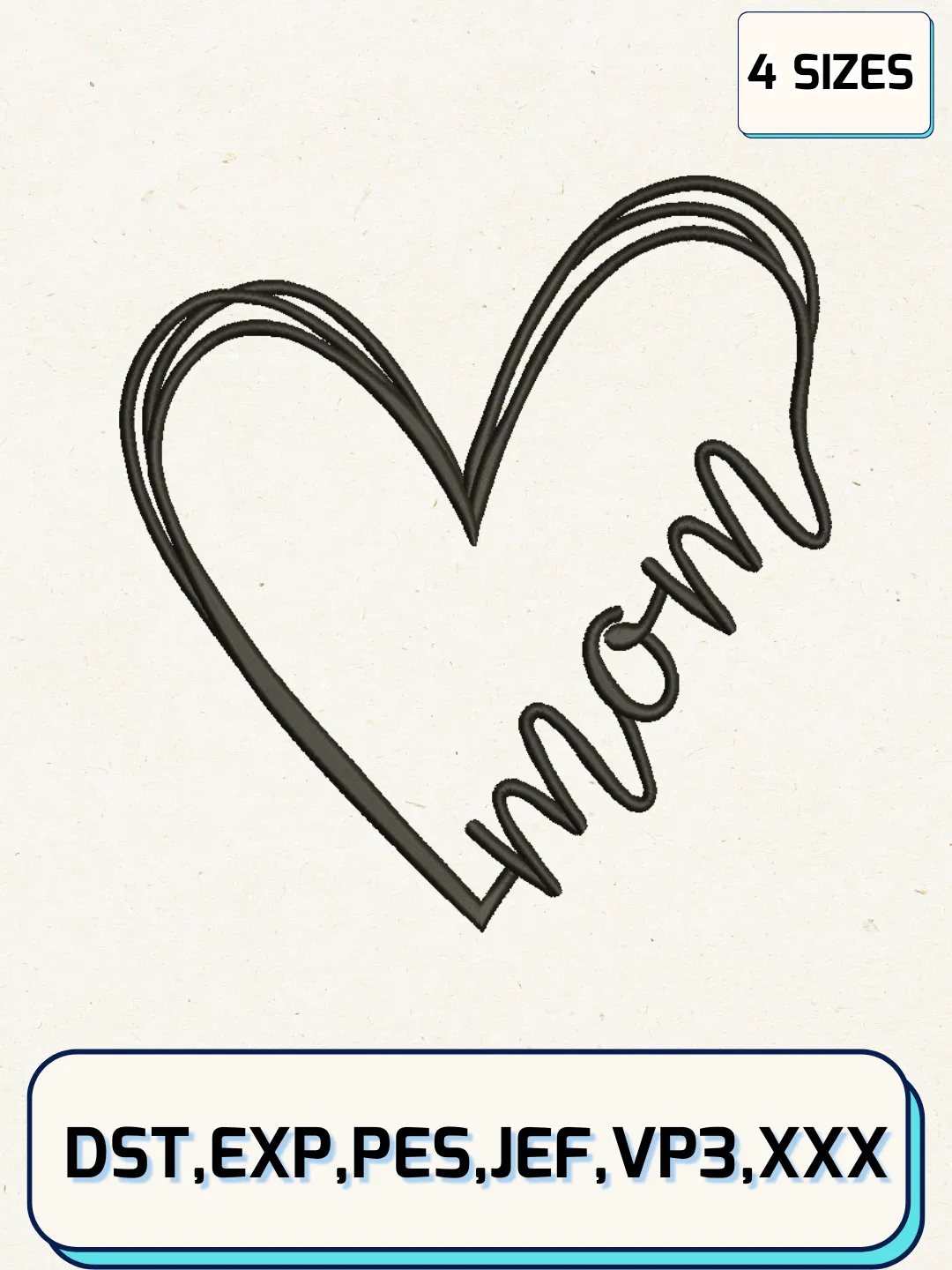 Mom Heart Embroidery Design Files, Mother's Day Logos Embroidery Designs, Machine Embroidery Files, 4 Sizes