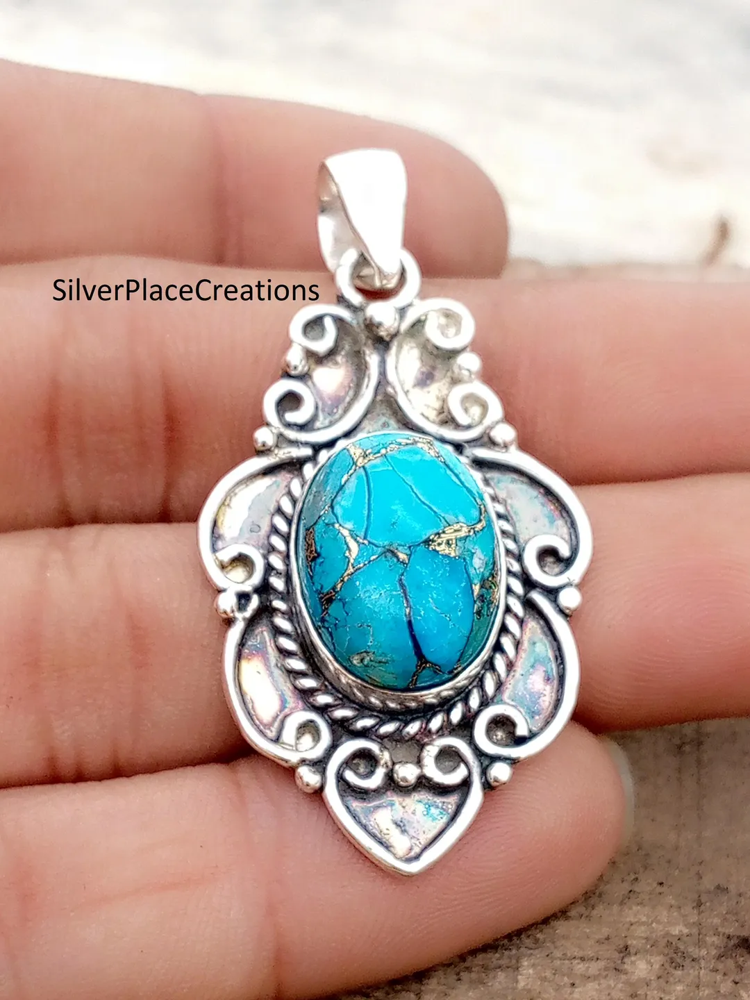Blue Copper Turquoise Pendant, Oxidized Sterling Silver, Boho Artisan Necklace