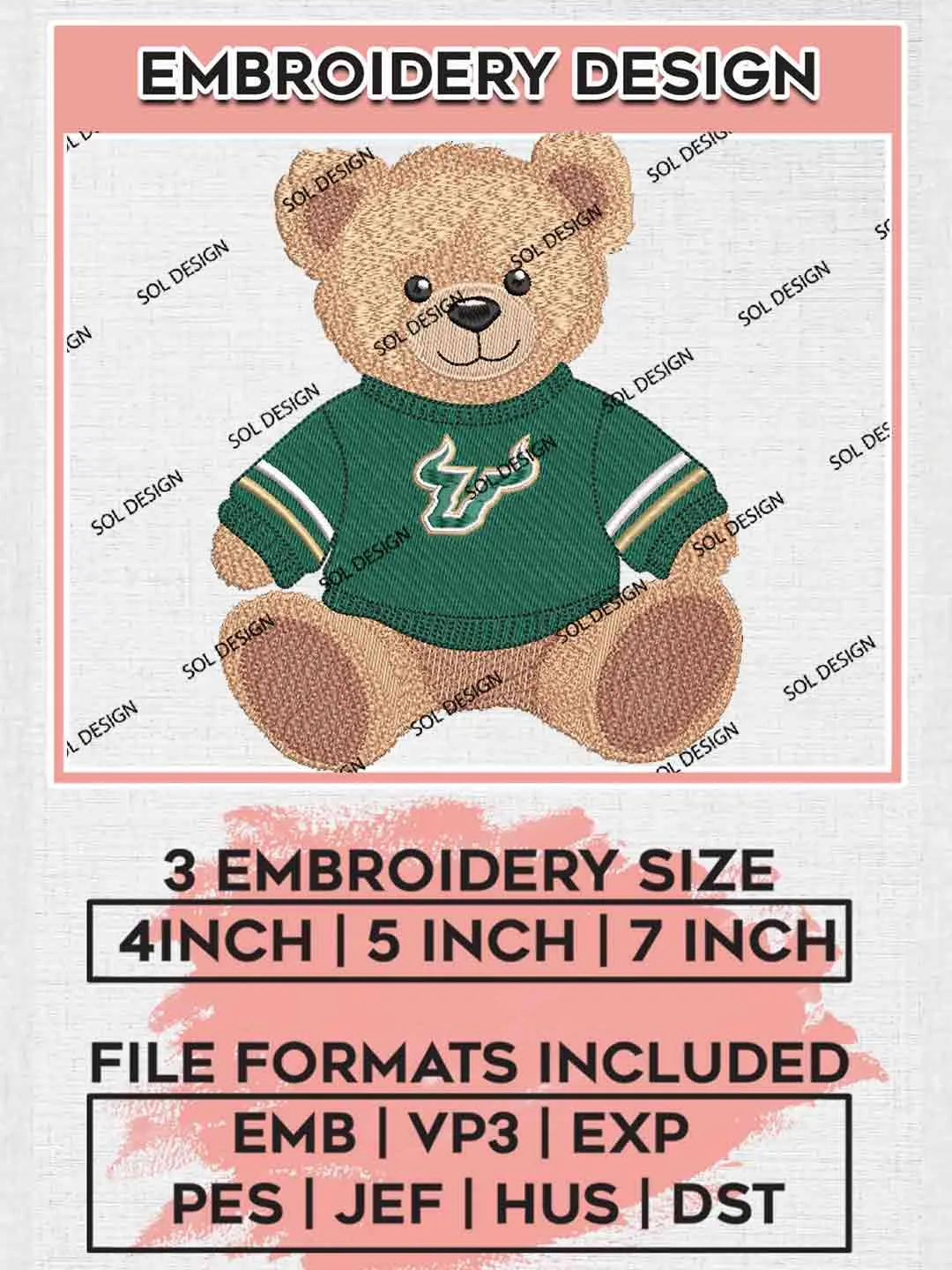 South Florida Bulls x Cute Teddy Bear Logo Embroidery Designs, NCAA Logo Embroidery files, NCAA South Florida Bulls Team, Machine embroidery designs, Instant Download