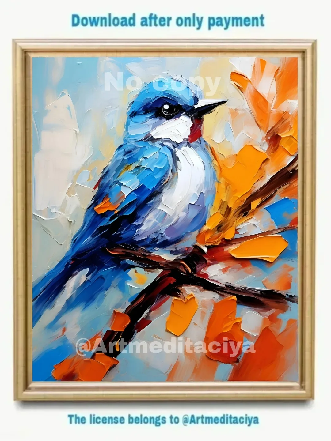 Digital abstract 3d texture painting "Blue Bird". Textured image of a bird in white and blue plumage on a branch on an abstract background of white-yellow-orange - blue strokes in the style of oil painting with a palette knife, impasto