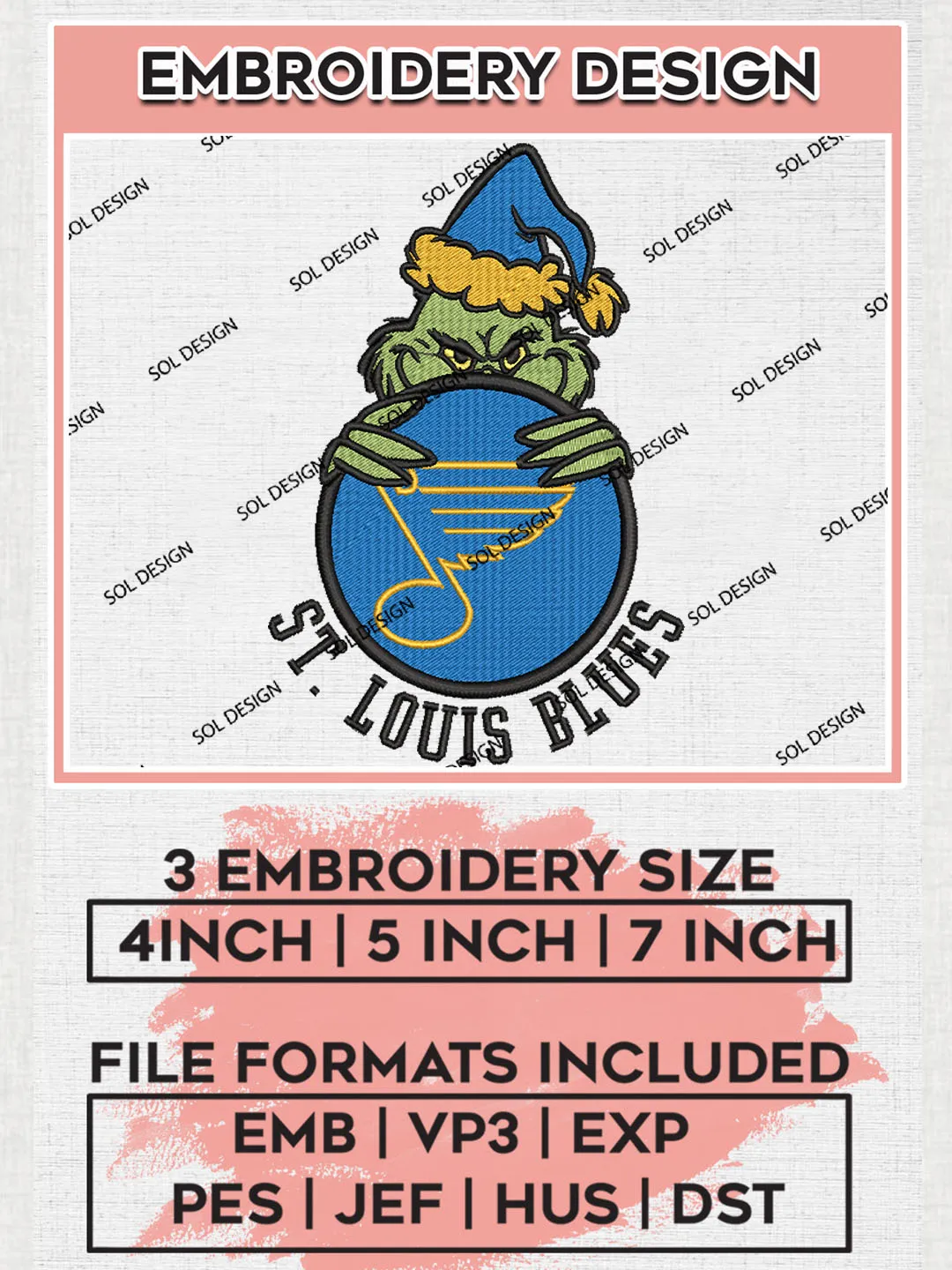 NHL St. Louis Blues Team x Christmas Grinch Logo Embroidery, Grinch Logo Embroidery files, NHL Hockey Team, NHL St. Louis Blues Team Machine embroidery designs, Digital Download