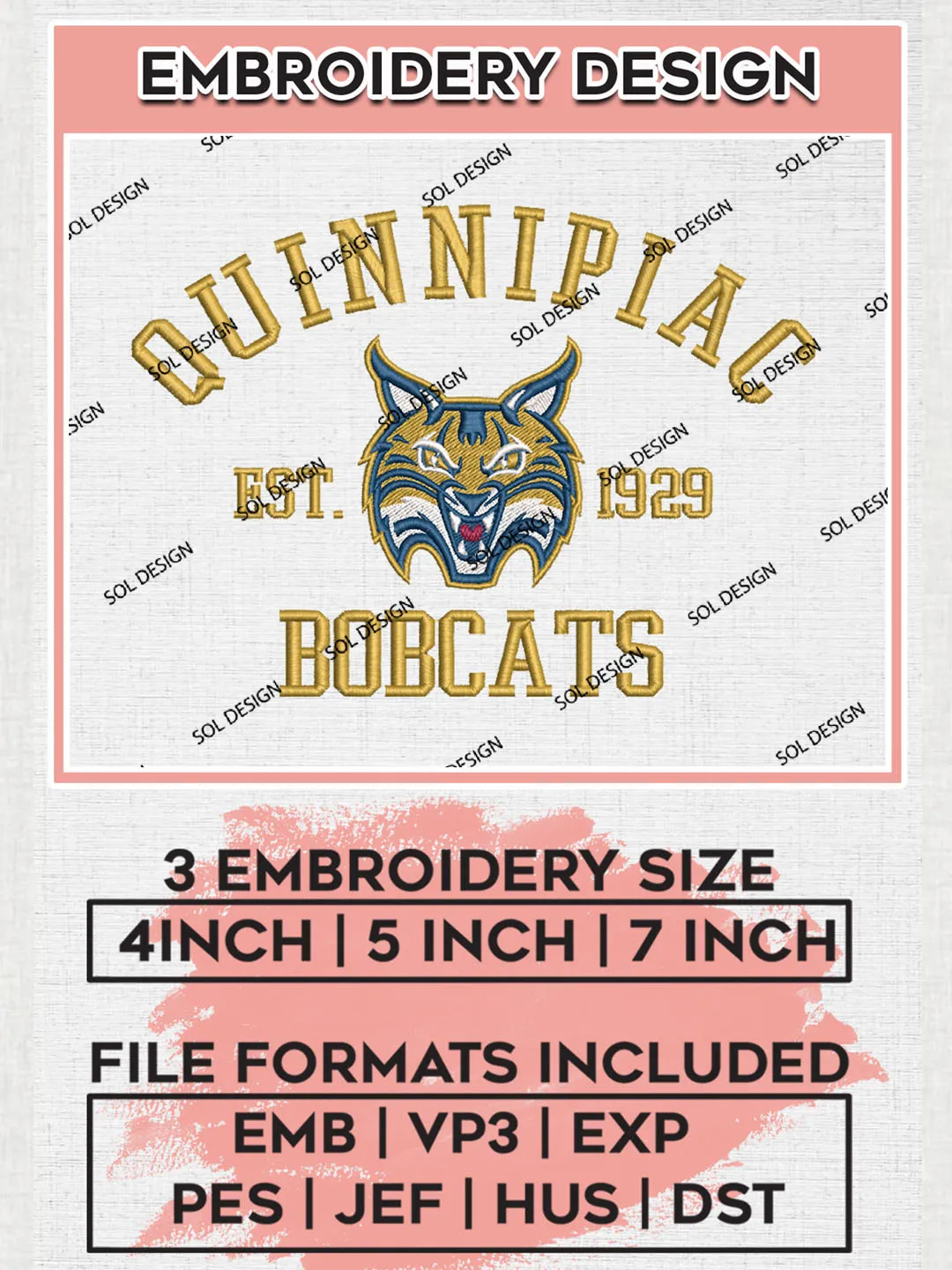 Quinnipiac Bobcats Est 1929 Embroidery Designs, NCAA Quinnipiac Bobcats Team Embroidery, NCAA Team Logo, 3 sizes, Machine embroidery Files, Digital Download