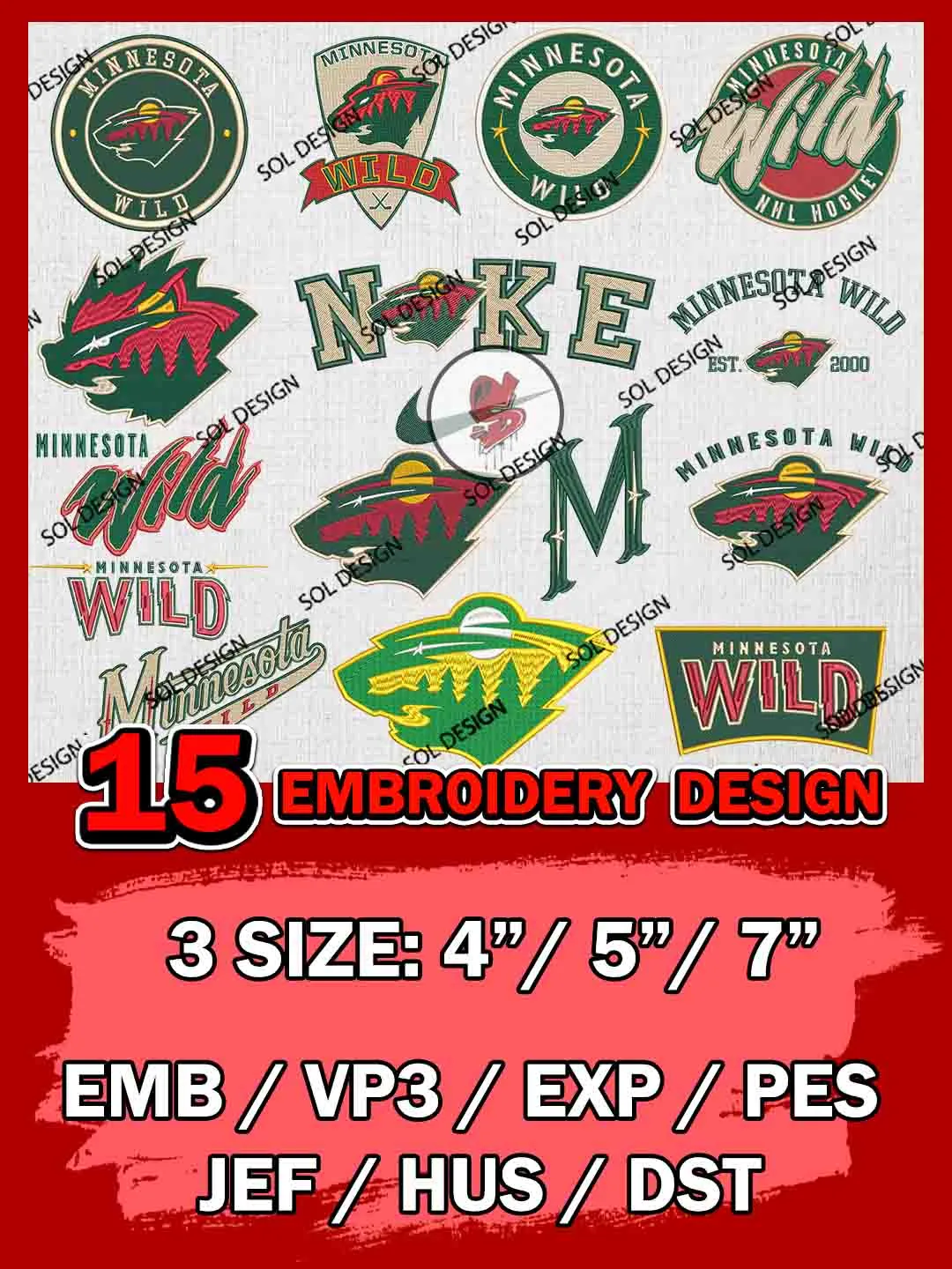 NHL Minnesota Wild Bundle Embroidery Files, NHL Minnesota Wild Team Bundle Embroidery Designs, NHL Teams, National Hockey League 3 sizes, NHL Wild Hockey Machine embroidery designs, Digital Download