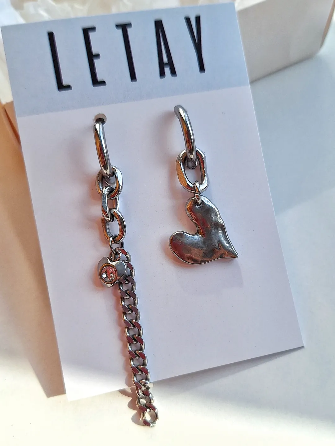 Asymetrical stainless steel earrings Heart and chain earrings Hoops transformer earrings Gift for her