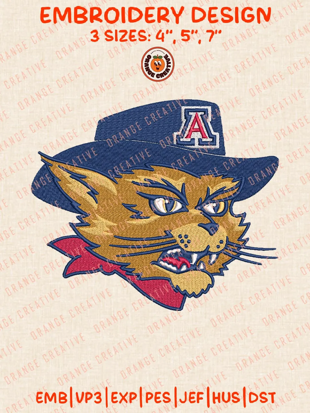 Arizona Wildcats NCAA Head Mascot Embroidery Design, NCAA Team Logo Embroidery Design, Machine Embroidery Design File, 4 Sizes, Custom Size, Digital Download