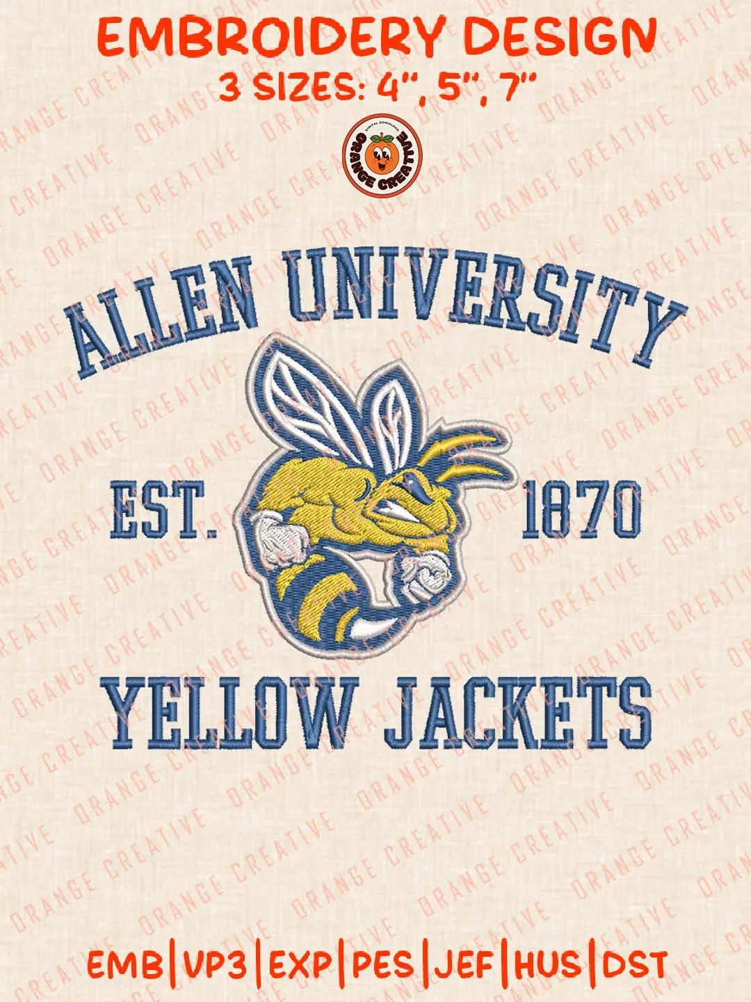 Allen Yellow Jackets Est 1870 Logo Embroidery Files, Sport Embroidery Designs, NCAA Allen Yellow Jackets Embroidery, College Football Team Designs, Digital Download