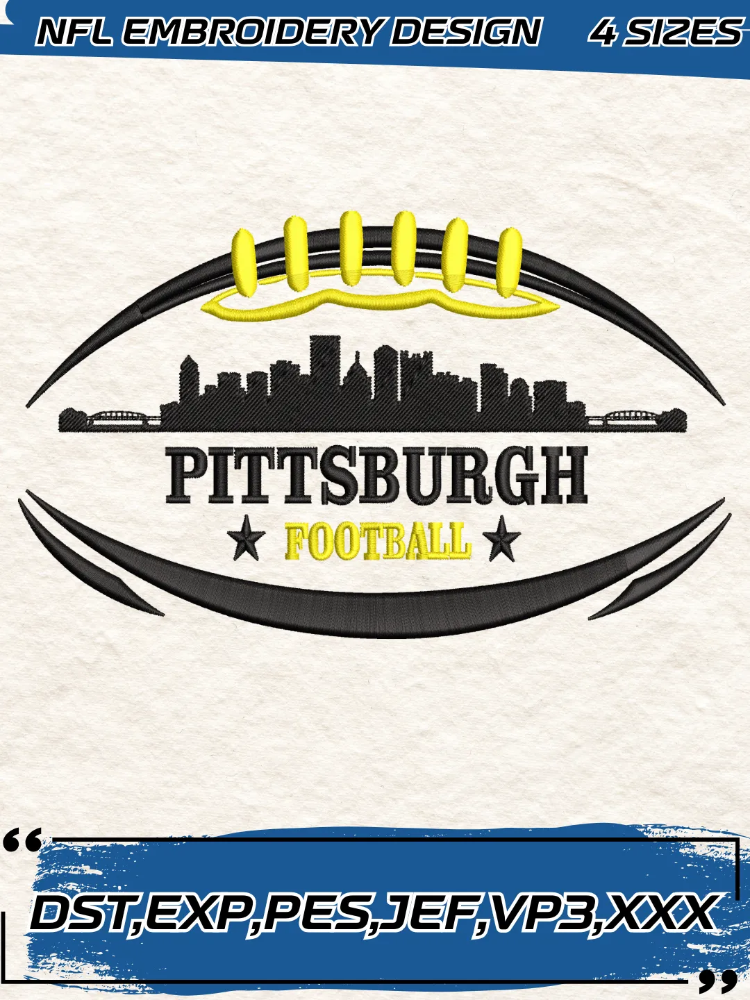Pittsburgh Football Skyline Badge Embroidery Designs,Football Team NFL Machine Embroidery Digitized Pes Files, 4 Sizes, Digital Download