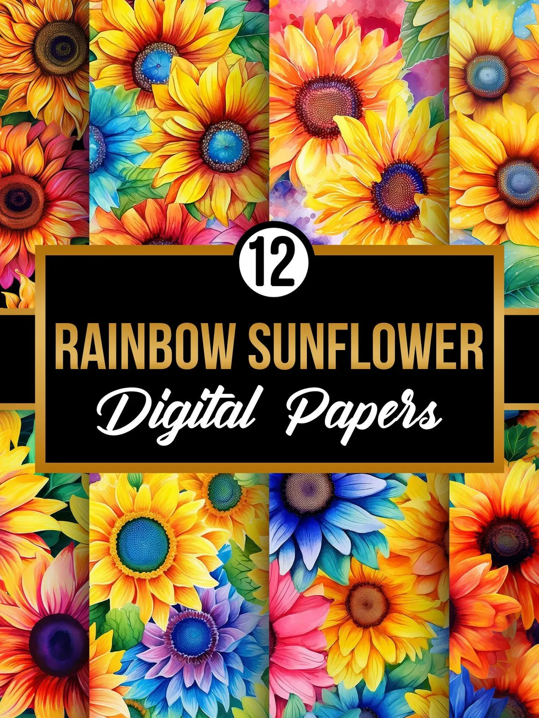 Watercolor Rainbow Sunflowers Digital Paper, Seamless Floral Pattern ...
