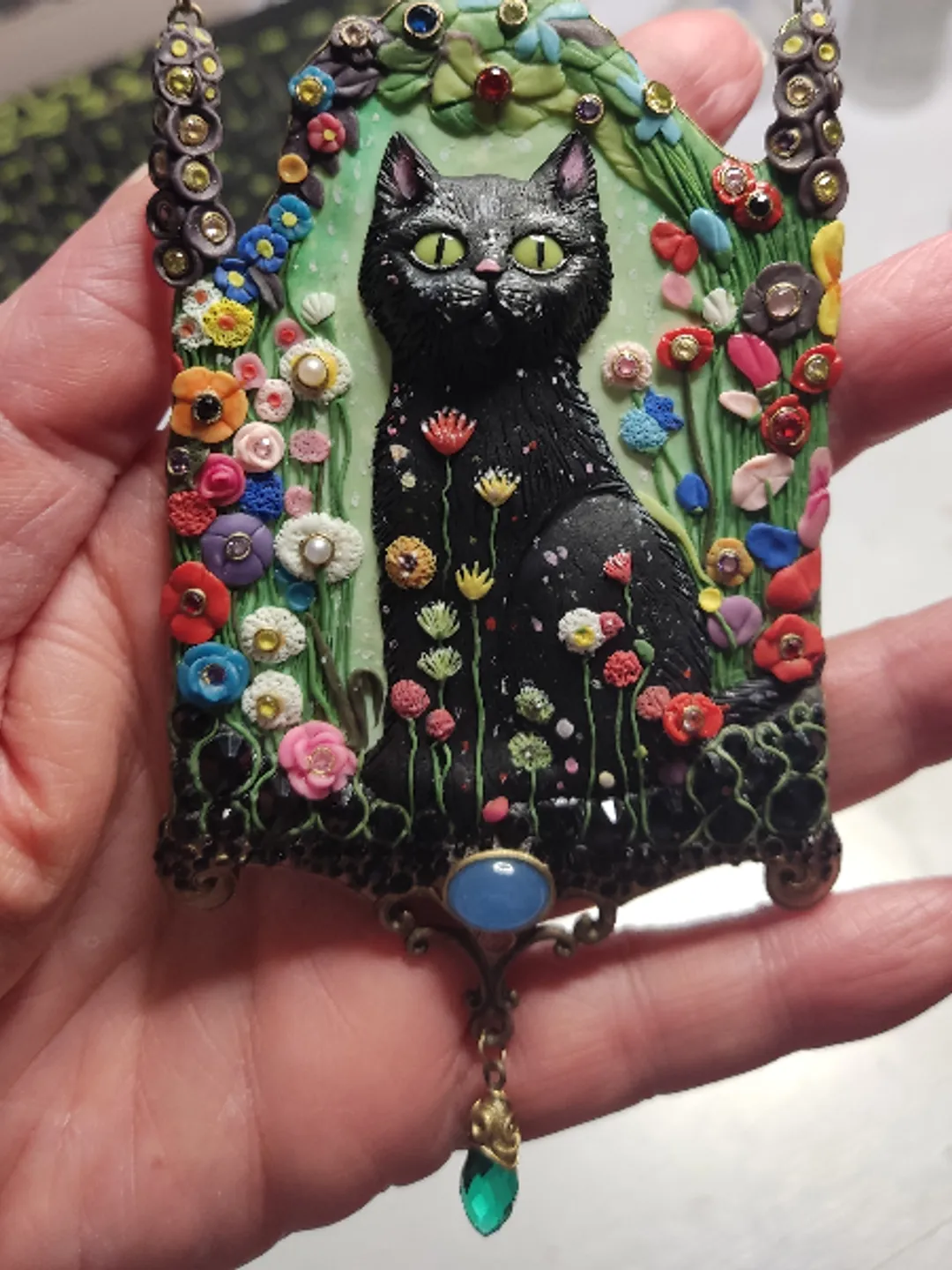 Necklace "Garden cat", cat pendant, necklace with stones, unusual necklace