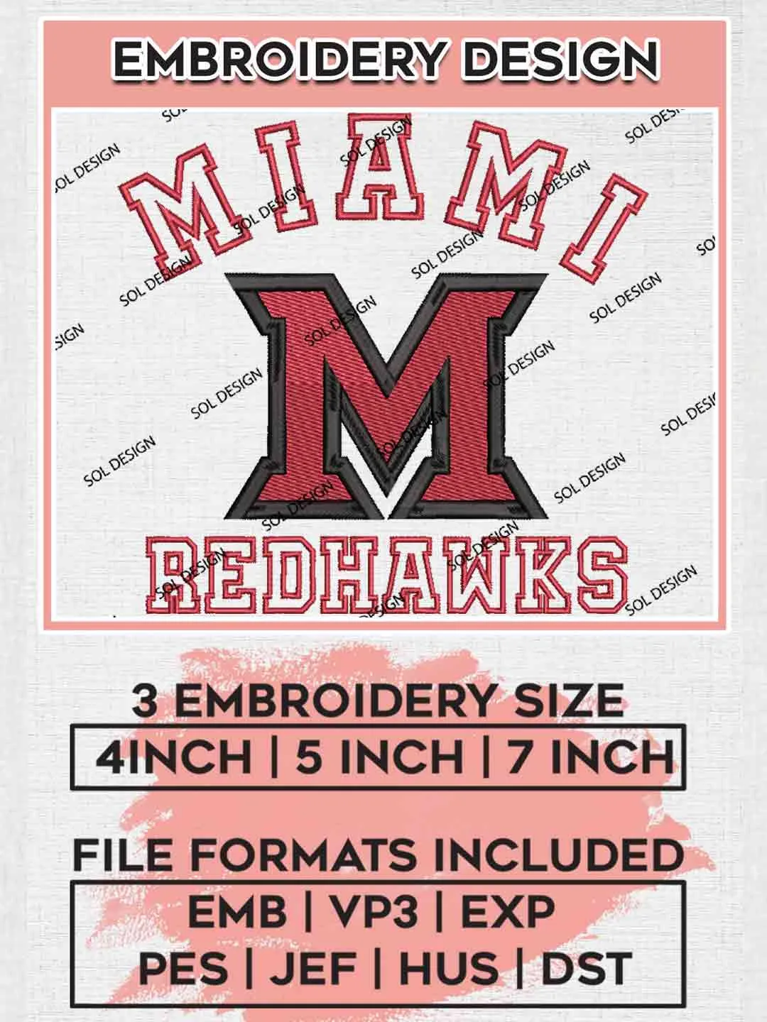 NCAA Miami RedHawks Logo Embroidery Designs, NCAA Logo Embroidery files, NCAA Miami OH RedHawks Team, Machine embroidery designs, Digital Download