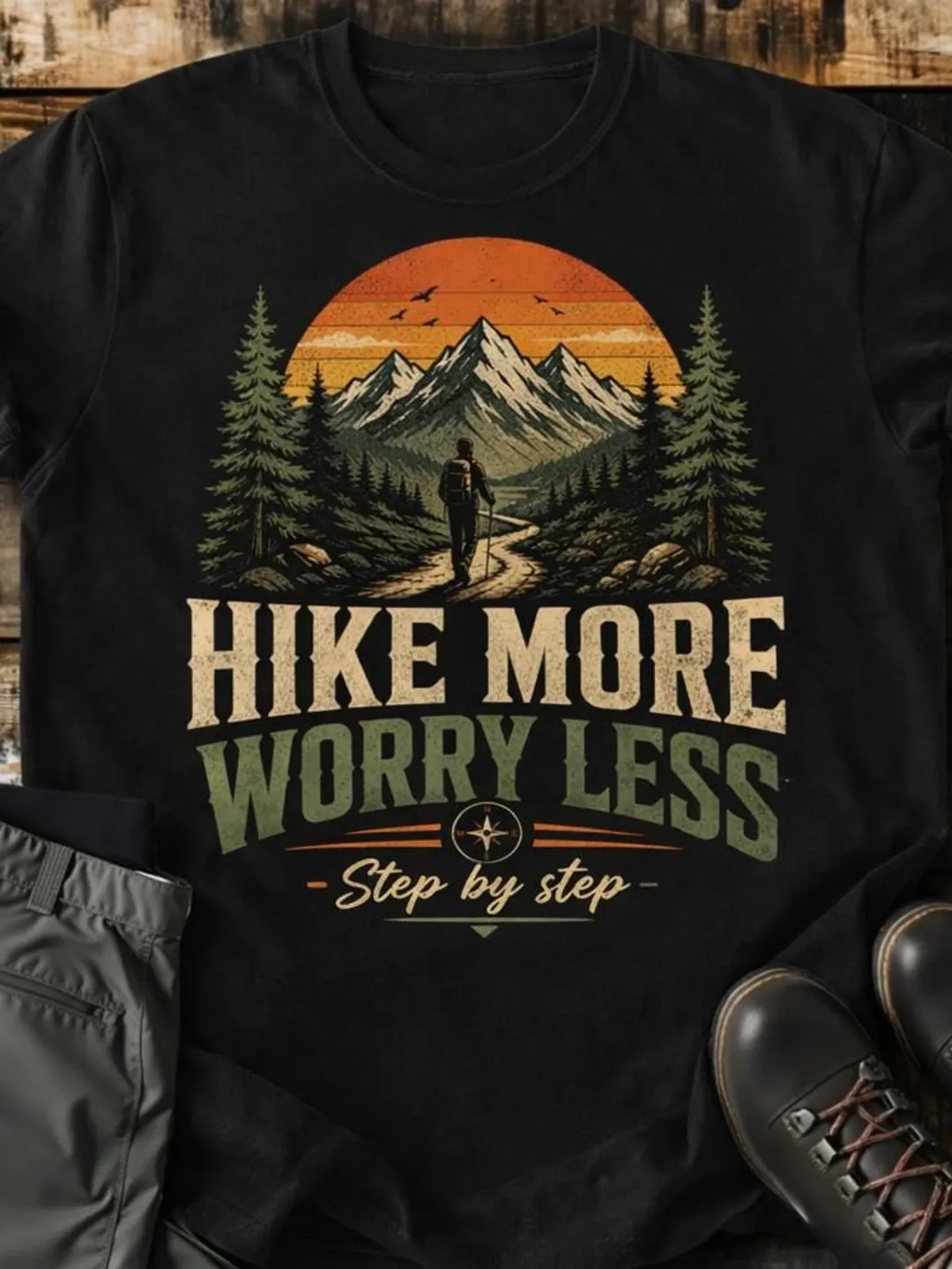 Hike More Worry Less T-Shirt | Mountain Sunset Hiking Design
