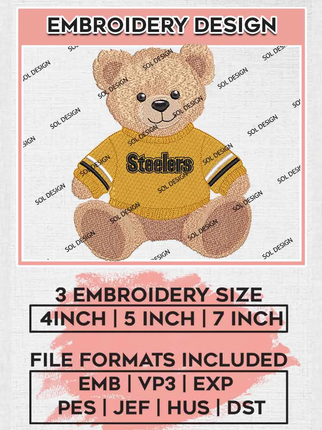 Pittsburgh Steelers Cute Teddy Bear Embroidery Designs, Vintage Sports Bear Football Embroidery Design File, NFL, Sport Bear Embroidery, NFL Pittsburgh Steelers Team Embroidery, Digital Download
