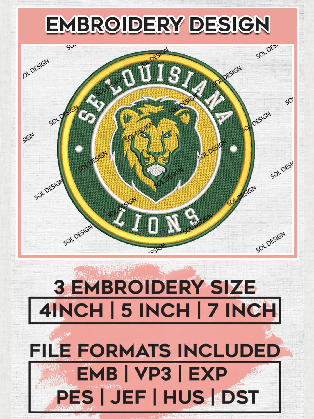 NCAA SE Louisiana Lions Round Logo Embroidery, NCAA SE Louisiana Lions Logo Embroidery files, NCAA Teams, Machine embroidery designs, Digital Download