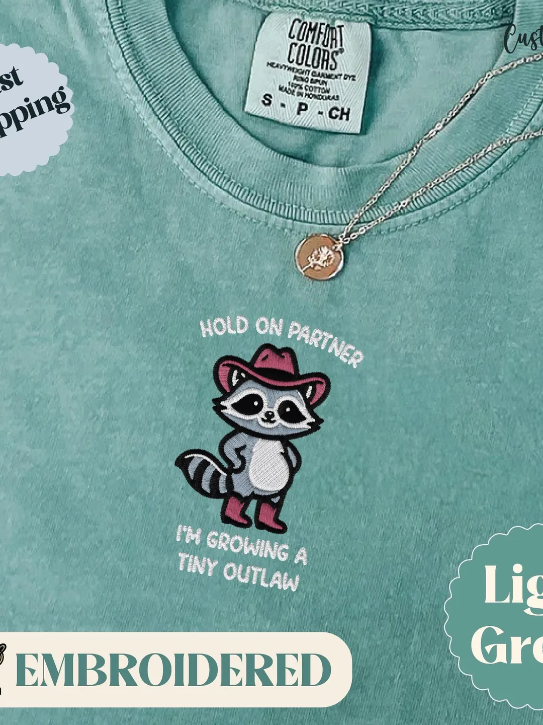 Embroidered Raccoon Maternity Shirt: "Tiny Outlaw" Comfort Colors Tee