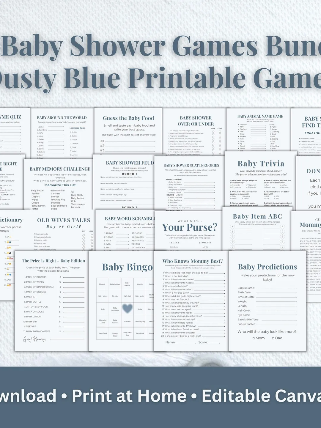 Dusty Blue Baby Shower Games Bundle, 20 Printable Baby Shower Party ...