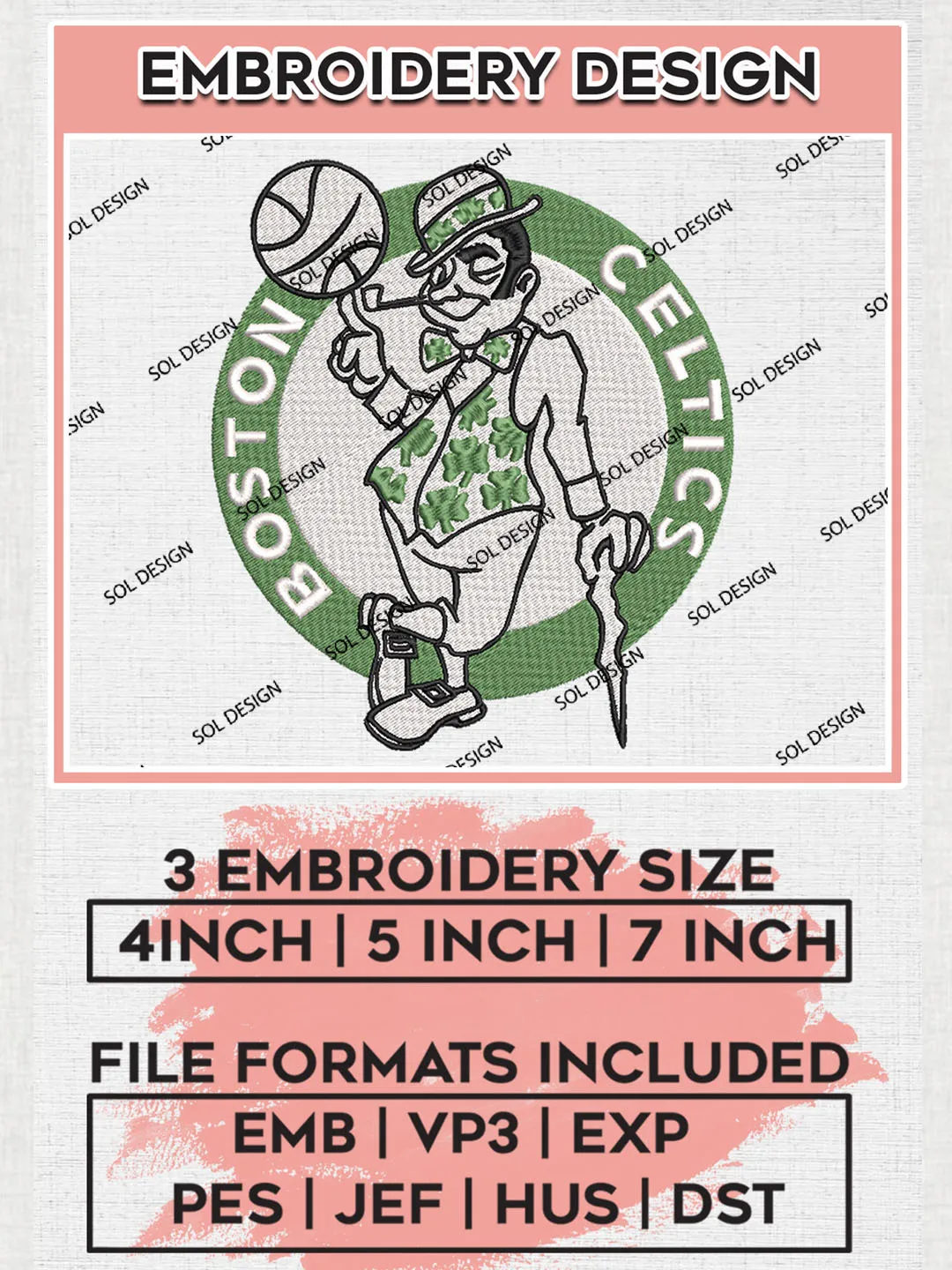 NBA Boston Celtics Round Logo Embroidery Designs,Boston Celtics Team Logo Embroidery, Basketball Team Logo Emb Files, NBA Team, 3 sizes, Machine embroidery Files, Digital Download