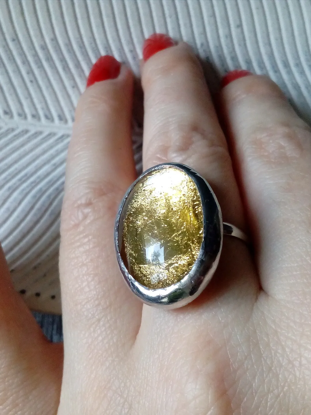 Glass large oval ring, simple stained glass tin soldered ring - stainglass sparkling shiny bijouterie
