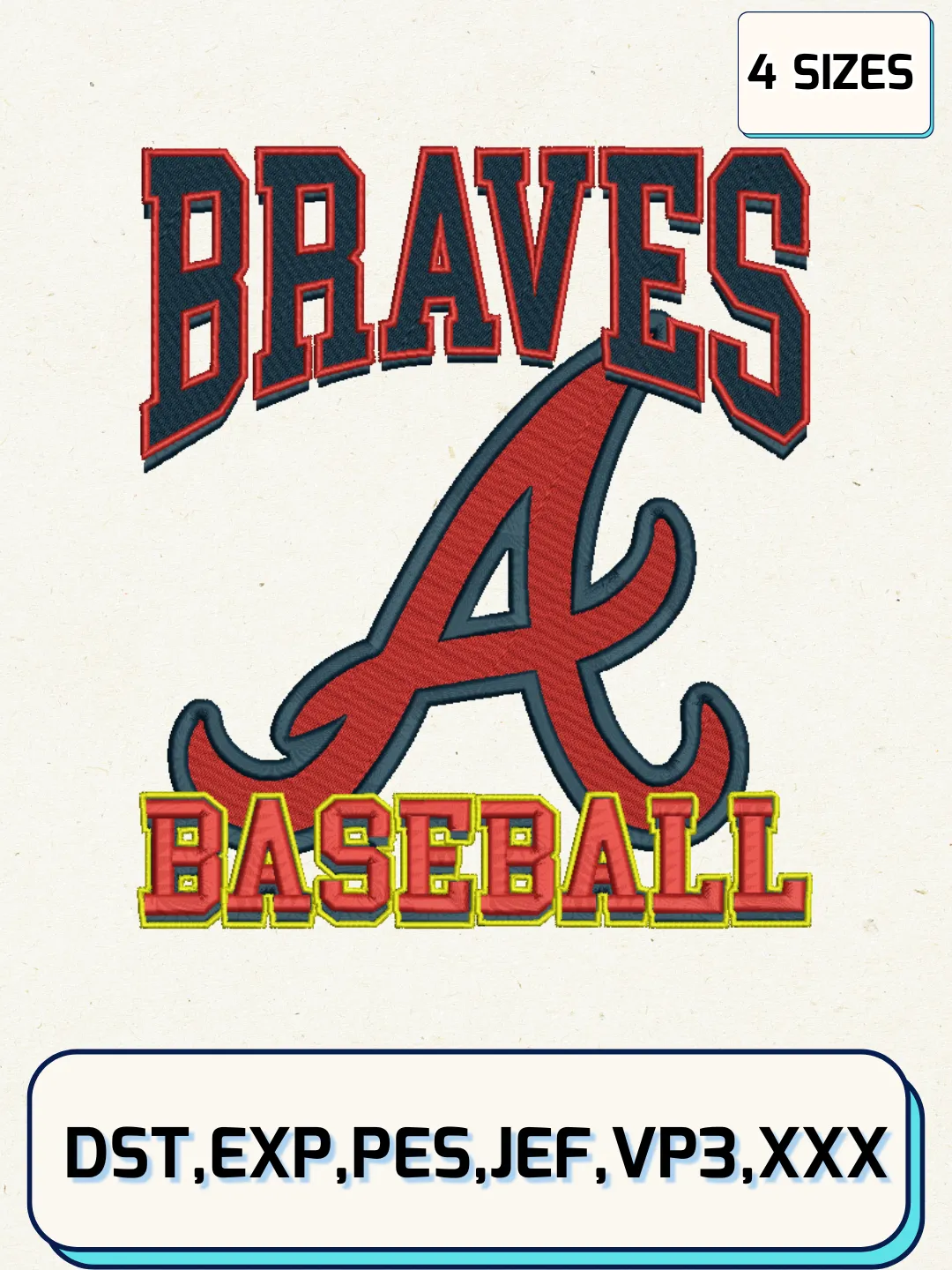 Braves Baseball Logos Team MLB Embroidery Design Files, MLB Logos Embroidery Designs, Machine Embroidery Files, 4 Sizes